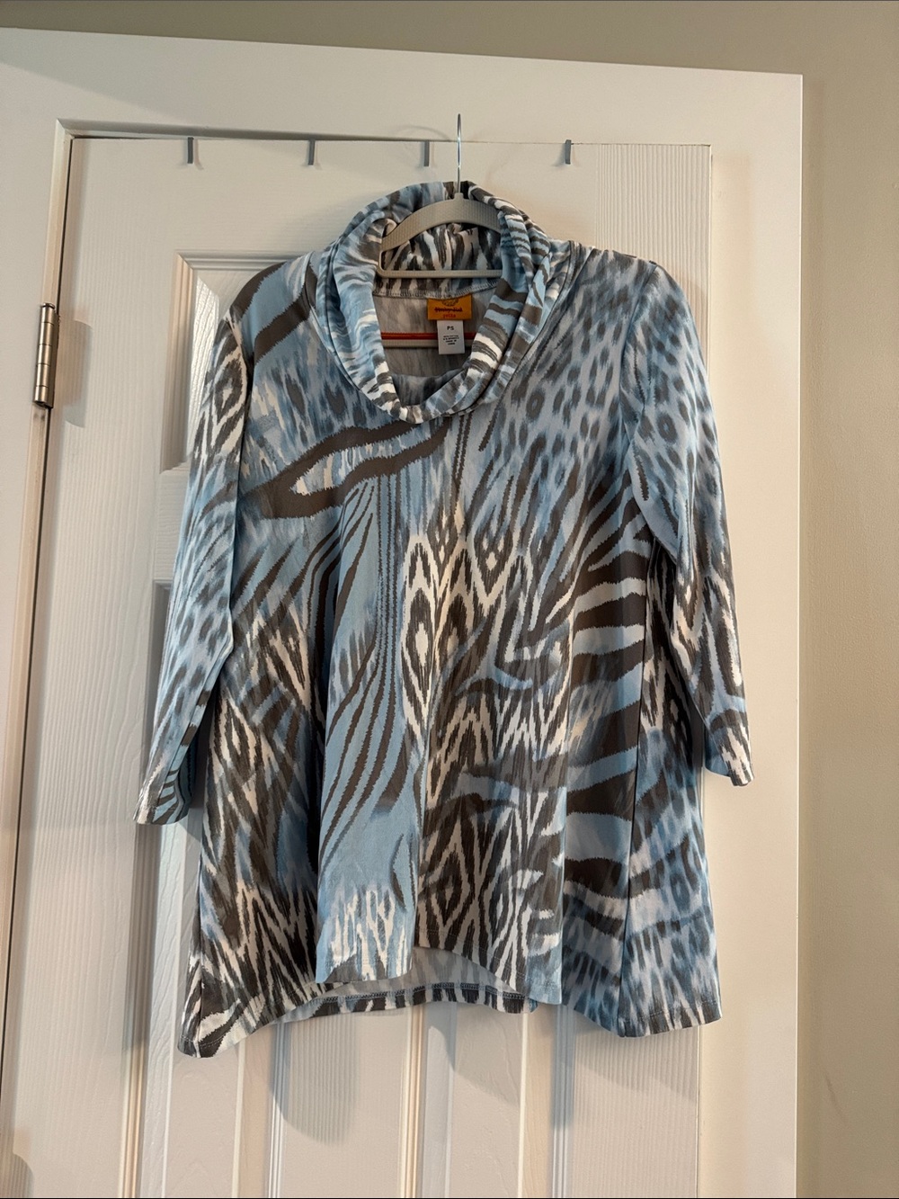 Ruby Rd. Women's Cowl Neck Sweater in Light Blue and Gray Animal Print